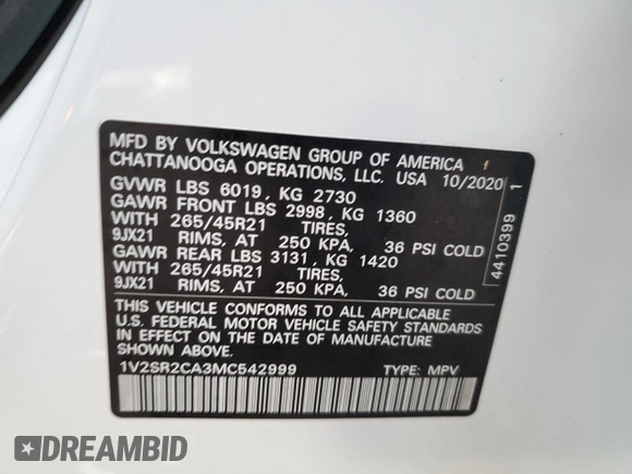 2021 Volkswagen Atlas SEL R-Line with VIN 1V2SR2CA3MC542999, listed as a Copart auction lot 86445984 with 50,131 mi miles and Salvage title. Bid and sale history available at DreamBid. Image 15.