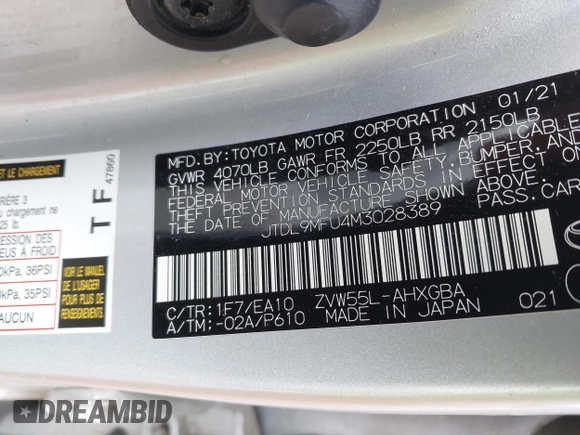 2021 Toyota Prius LE z VIN JTDL9MFU4M3028389, wystawiony jako IAAI lot #41800573 z przebiegiem 32 623 mil mil oraz . Historia ofert i sprzedaży dostępna na DreamBid. Obrazek 9.