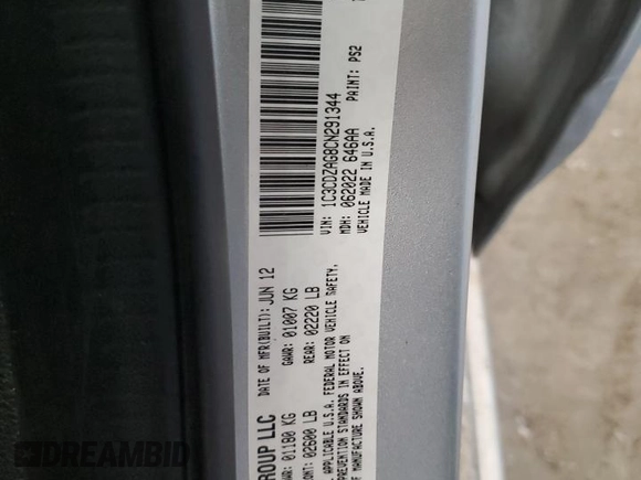 2012 Dodge Avenger SE with VIN 1C3CDZAG8CN291344, listed as a Copart auction lot 49129345 with 187,737 mi miles and Salvage Title. Bid and sale history available at DreamBid. Image 12.