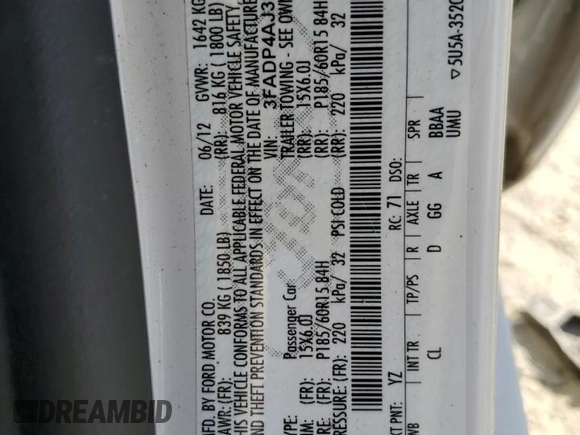 2013 Ford Fiesta S with VIN 3FADP4AJ3DM111257, listed as a Copart auction lot 73243404 with 43,209 mi miles and Clean title. Bid and sale history available at DreamBid. Image 12.