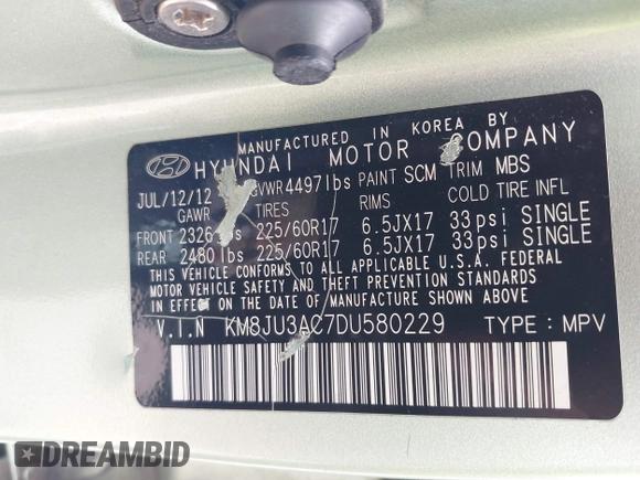 2013 Hyundai Tucson GLS with VIN KM8JU3AC7DU580229, listed as a IAAI auction lot 42127349 with 204,975 mi miles. Bid and sale history available at carsss.com. Image 9.