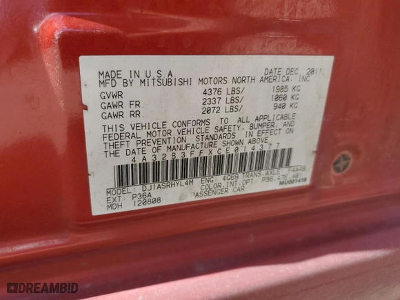 2012 Mitsubishi Galant ES with VIN 4A32B3FFXCE014377, listed as a Copart auction lot 47490635 with 178,902 mi miles and Salvage Title. Bid and sale history available at carsss.com. Image 14.
