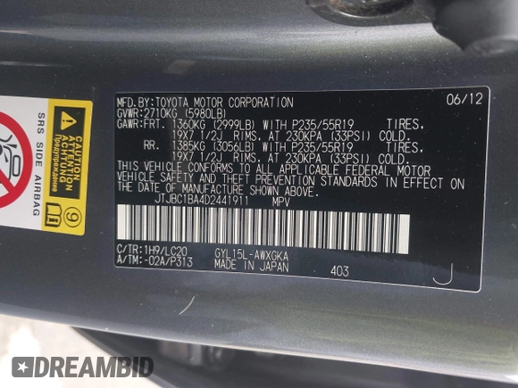 2013 Lexus RX 450h with VIN JTJBC1BA4D2441911, listed as a IAAI auction lot 42060633 with 44,378 mi miles and . Bid and sale history available at DreamBid. Image 9.