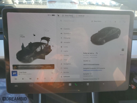 2019 Tesla Model 3 Long Range with VIN 5YJ3E1EB9KF213659, listed as a Copart auction lot 73509474 with 54,000 mi miles and Salvage Title. Bid and sale history available at carsss.com. Image 9.