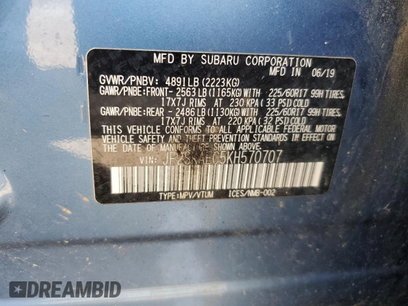 2019 Subaru Forester Premium with VIN JF2SKAEC5KH570707, listed as a Copart auction lot 64124625 with 89,358 mi miles and Salvage title. Bid and sale history available at DreamBid. Image 14.