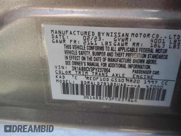 2023 Nissan Sentra SV with VIN 3N1AB8CV3PY237864, listed as a Copart auction lot 54276485 with Not Provided miles and Salvage Title. Bid and sale history available at carsss.com. Image 13.