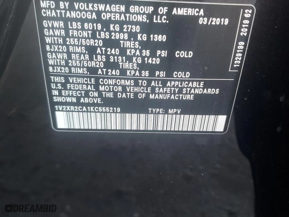 2019 Volkswagen Atlas 3.6L V6 SE w/Technology R-Line with VIN 1V2XR2CA1KC555219, listed as a Copart auction lot 86820824 with 111,747 mi miles and Salvage Title. Bid and sale history available at carsss.com. Image 14.
