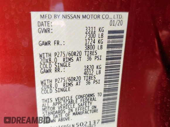 2020 Nissan Titan SL с VIN 1N6AA1ED5LN502137, выставлен на аукционе Copart как лот 59094945 с пробегом 42 241 миль миль и Списание • Salvage title. История ставок и продаж доступна на DreamBid. Изображение 12.
