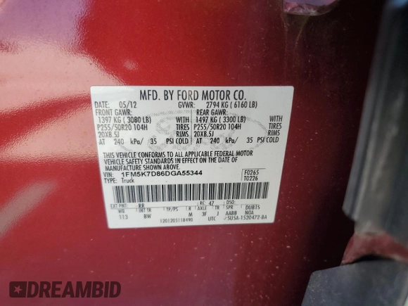 2013 Ford Explorer XLT with VIN 1FM5K7D86DGA55344, listed as a Copart auction lot 54362225 with 186,869 mi miles and Salvage Title. Bid and sale history available at DreamBid. Image 13.
