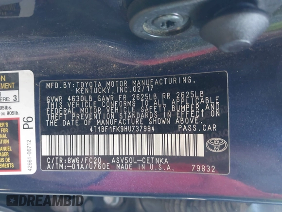 2017 Toyota Camry XLE with VIN 4T1BF1FK9HU737994, listed as a IAAI auction lot 41852075 with 114,923 mi miles. Bid and sale history available at carsss.com. Image 9.