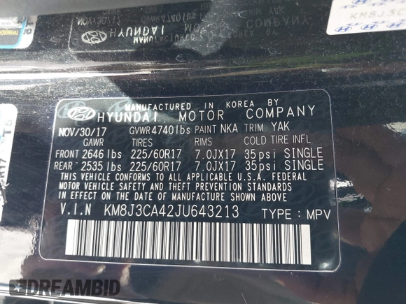 2018 Hyundai Tucson SEL with VIN KM8J3CA42JU643213, listed as a IAAI auction lot 41199302 with 91,480 mi miles and . Bid and sale history available at DreamBid. Image 9.