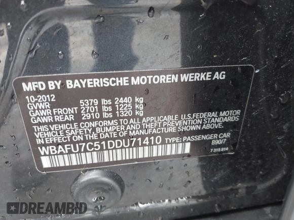 2013 BMW 5 Series 535i xDrive with VIN WBAFU7C51DDU71410, listed as a IAAI auction lot 42332603 with 84,261 mi miles and . Bid and sale history available at DreamBid. Image 9.