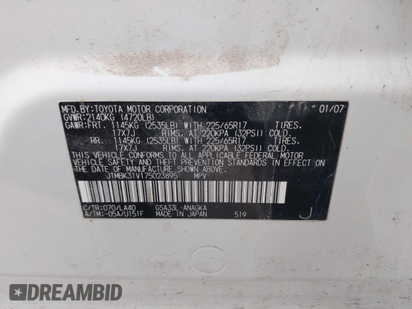 2007 Toyota RAV4 Limited with VIN JTMBK31V175023895, listed as a IAAI auction lot 41881403 with 128,951 mi miles and . Bid and sale history available at DreamBid. Image 9.