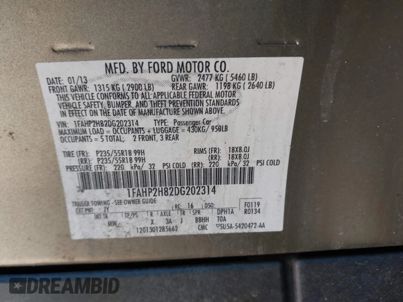 2013 Ford Taurus SEL with VIN 1FAHP2H82DG202314, listed as a IAAI auction lot 41673470 with 273,627 mi miles and . Bid and sale history available at DreamBid. Image 9.