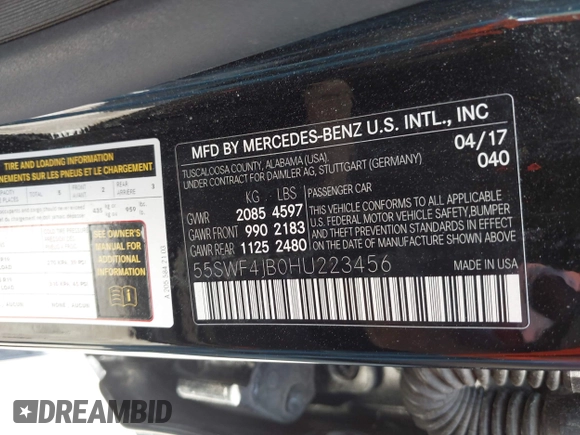 2017 Mercedes-Benz C 300 with VIN 55SWF4JB0HU223456, listed as a IAAI auction lot 42571335 with 73,673 mi miles and . Bid and sale history available at DreamBid. Image 9.