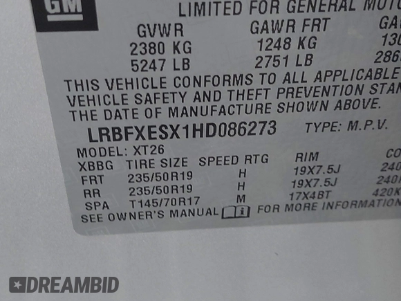 2017 Buick Envision Premium I with VIN LRBFXESX1HD086273, listed as a IAAI auction lot 41879594 with 52,409 mi miles and . Bid and sale history available at DreamBid. Image 9.
