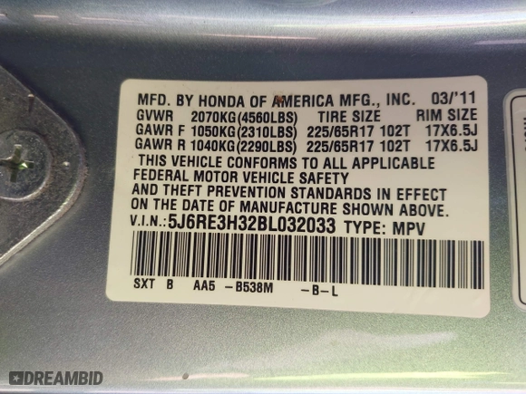 2011 Honda CR-V LX with VIN 5J6RE3H32BL032033, listed as a IAAI auction lot 41955967 with 165,732 mi miles. Bid and sale history available at carsss.com. Image 9.