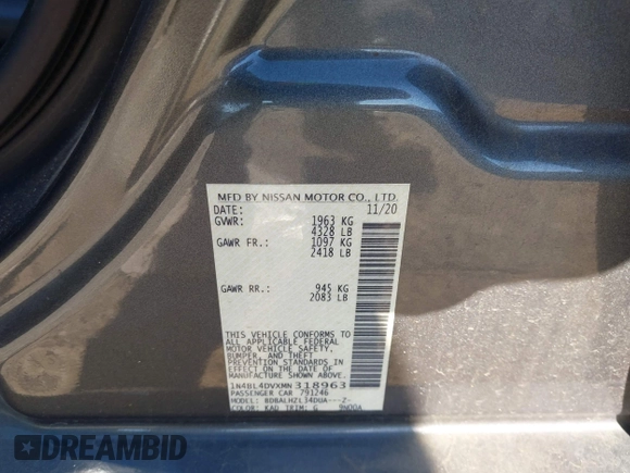 2021 Nissan Altima SV with VIN 1N4BL4DVXMN318963, listed as a IAAI auction lot 42238803 with 96,230 mi miles and . Bid and sale history available at DreamBid. Image 9.