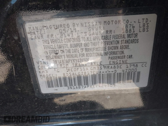 2019 Nissan Sentra SR with VIN 3N1AB7APXKY424509, listed as a IAAI auction lot 42145434 with 99,908 mi miles and . Bid and sale history available at DreamBid. Image 9.