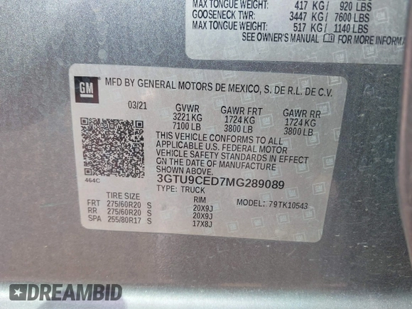 2021 GMC Sierra 1500 Elevation with VIN 3GTU9CED7MG289089, listed as a IAAI auction lot 41750582 with 63,351 mi miles and . Bid and sale history available at DreamBid. Image 9.