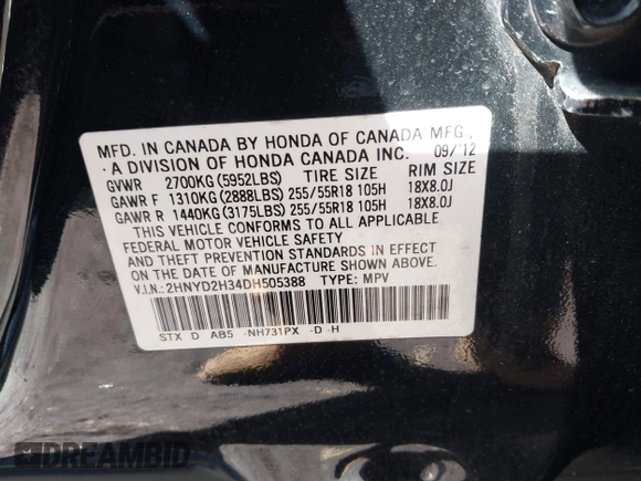 2013 Acura MDX Tech Pkg with VIN 2HNYD2H34DH505388, listed as a IAAI auction lot 41978423 with 122,816 mi miles. Bid and sale history available at carsss.com. Image 9.