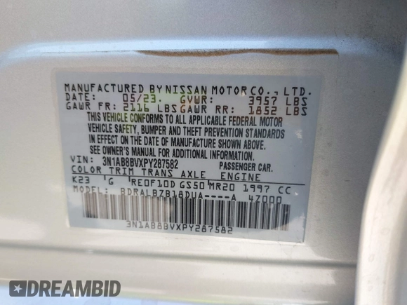 2023 Nissan Sentra S with VIN 3N1AB8BVXPY287582, listed as a IAAI auction lot 41743265 with 24,675 mi miles and . Bid and sale history available at DreamBid. Image 9.