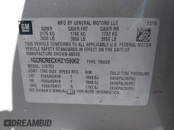 2017 Chevrolet Silverado 1500 LT with VIN 1GCRCRECXHZ159962, listed as a IAAI auction lot 41634689 with 145,978 mi miles and . Bid and sale history available at DreamBid. Image 9.