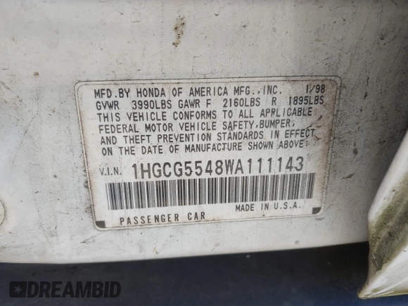 1998 Honda Accord LX с VIN 1HGCG5548WA111143, выставлен на аукционе IAAI как лот 42327931 с пробегом 145 843 миль миль и . История ставок и продаж доступна на DreamBid. Изображение 9.