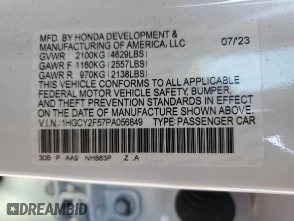 2023 Honda Accord Sport with VIN 1HGCY2F57PA056849, listed as a Copart auction lot 47490995 with 40,635 mi miles and Non repairable. Bid and sale history available at DreamBid. Image 12.