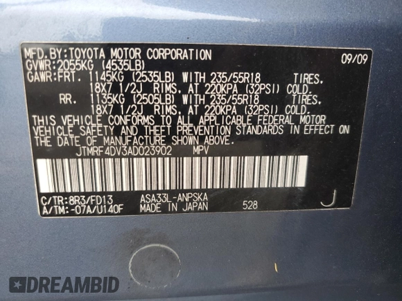 2010 Toyota RAV4 Sport with VIN JTMRF4DV3AD023902, listed as a Copart auction lot 60986045 with 155,321 mi miles and Salvage title. Bid and sale history available at DreamBid. Image 13.