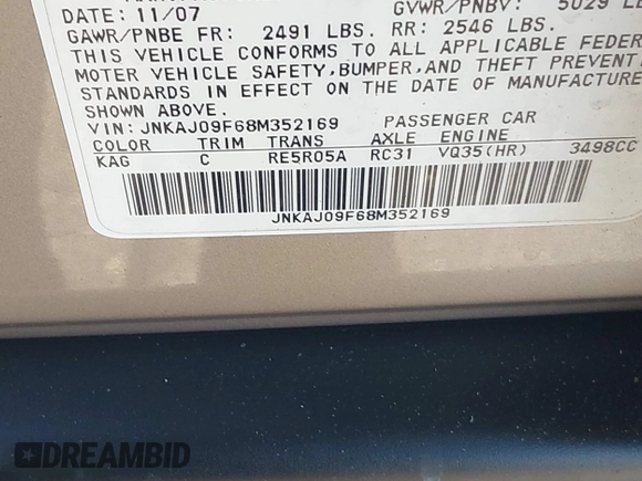 2008 Infiniti EX Journey with VIN JNKAJ09F68M352169, listed as a IAAI auction lot 42563292 with 125,794 mi miles and . Bid and sale history available at DreamBid. Image 9.