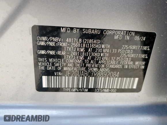 2024 Subaru Crosstrek z VIN JF2GUABC7R8892084, wystawiony jako Copart lot #88164275 z przebiegiem 289 mil mil oraz Szkoda całkowita • Salvage title. Historia ofert i sprzedaży dostępna na DreamBid. Obrazek 14.
