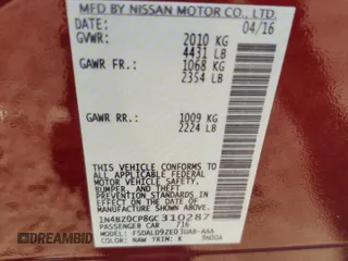 2016 Nissan LEAF SV with VIN 1N4BZ0CP8GC310287, listed as a Copart auction lot 89167585 with 0 mi miles and Salvage Title. Bid and sale history available at carsss.com. Image 12.