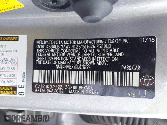 2019 Toyota C-HR XLE with VIN NMTKHMBX7KR078292, listed as a IAAI auction lot 41705966 with 104,352 mi miles. Bid and sale history available at carsss.com. Image 9.