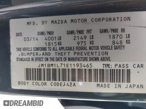 2014 Mazda 3 i Touring z VIN JM1BM1L71E1193465, wystawiony jako IAAI lot #42078287 z przebiegiem 144 014 mil mil oraz . Historia ofert i sprzedaży dostępna na DreamBid. Obrazek 9.