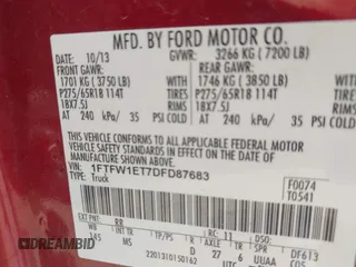 2013 Ford F-150 XL with VIN 1FTFW1ET7DFD87683, listed as a IAAI auction lot 42157395 with 185,649 mi miles. Bid and sale history available at carsss.com. Image 9.