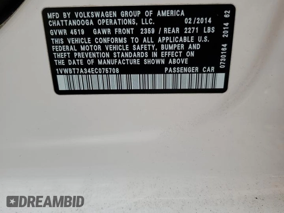 2014 Volkswagen Passat SE z VIN 1VWBT7A34EC075708, wystawiony jako Copart lot #57662405 z przebiegiem 78 077 mil mil oraz Szkoda całkowita • Salvage title. Historia ofert i sprzedaży dostępna na DreamBid. Obrazek 12.