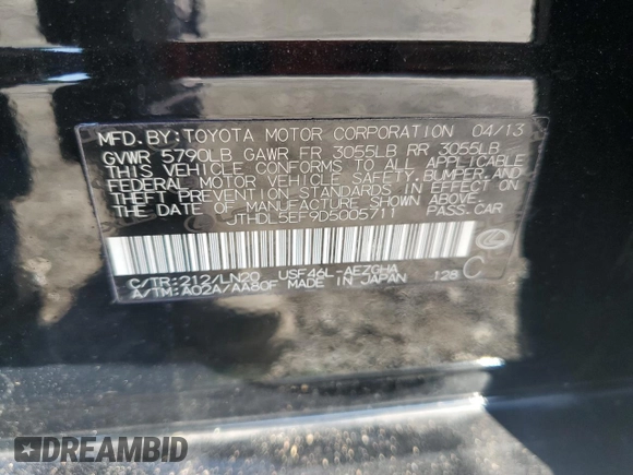 2013 Lexus LS 460 L with VIN JTHDL5EF9D5005711, listed as a Copart auction lot 66788754 with 130,114 mi miles and Salvage title. Bid and sale history available at DreamBid. Image 12.