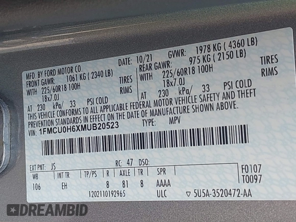 2021 Ford Escape SEL with VIN 1FMCU0H6XMUB20523, listed as a IAAI auction lot 42446320 with 37,681 mi miles and . Bid and sale history available at DreamBid. Image 9.