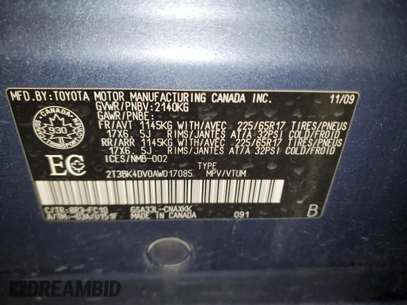2010 Toyota RAV4 with VIN 2T3BK4DV0AW017085, listed as a Copart auction lot 44695005 with 240,244 mi miles and Salvage Title. Bid and sale history available at DreamBid. Image 14.