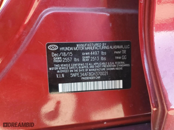 2016 Hyundai Sonata 2.4L Sport with VIN 5NPE34AF8GH370021, listed as a Copart auction lot 88370285 with 100,032 mi miles and Salvage Title. Bid and sale history available at carsss.com. Image 14.