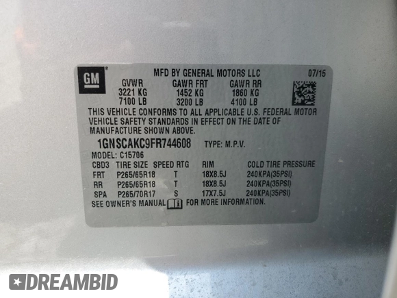 2015 Chevrolet Tahoe LS with VIN 1GNSCAKC9FR744608, listed as a Copart auction lot 55981395 with Not provided miles and Salvage title. Bid and sale history available at DreamBid. Image 13.