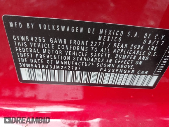 2018 Volkswagen GTI S z VIN 3VW547AU3JM262787, wystawiony jako IAAI lot #42042452 z przebiegiem 98 716 mil mil oraz . Historia ofert i sprzedaży dostępna na DreamBid. Obrazek 9.