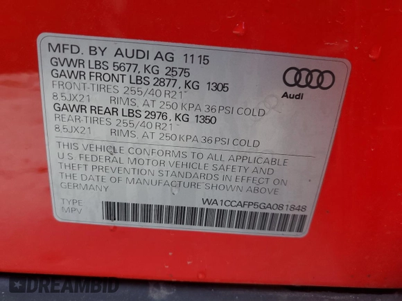 2016 Audi SQ5 Premium Plus with VIN WA1CCAFP5GA081848, listed as a Copart auction lot 46763623 with 95,045 mi miles. Bid and sale history available at carsss.com. Image 13.