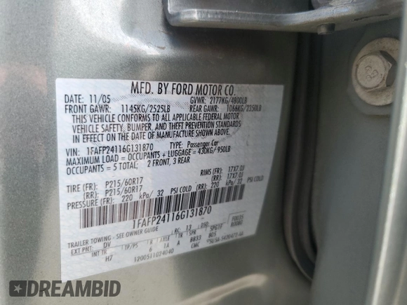 2006 Ford Five Hundred SEL с VIN 1FAFP24116G131870, выставлен на аукционе Copart как лот 53336385 с пробегом Не указан миль и Списание • Salvage title. История ставок и продаж доступна на DreamBid. Изображение 12.
