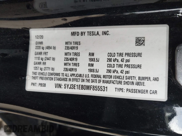 2021 Tesla Model 3 Long Range z VIN 5YJ3E1EB0MF855531, wystawiony jako IAAI lot #42079034 z przebiegiem 35 899 mil mil oraz . Historia ofert i sprzedaży dostępna na DreamBid. Obrazek 9.