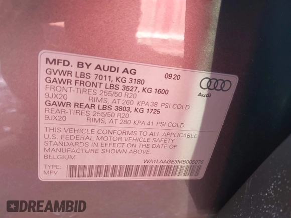 2021 Audi e-tron Premium Plus with VIN WA1LAAGE3MB005876, listed as a IAAI auction lot 41301875 with 37,017 mi miles and . Bid and sale history available at DreamBid. Image 9.