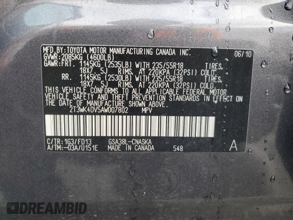 2010 Toyota RAV4 Sport with VIN 2T3WK4DV5AW007802, listed as a Copart auction lot 48598975 with 178,619 mi miles and Salvage Title. Bid and sale history available at carsss.com. Image 15.