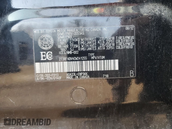 2012 Toyota RAV4 Sport with VIN 2T3RF4DV4CW241255, listed as a Copart auction lot 43353795 with 177,688 mi miles and Salvage Title. Bid and sale history available at carsss.com. Image 14.