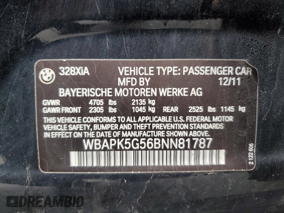 2011 BMW 3 Series 328i xDrive with VIN WBAPK5G56BNN81787, listed as a Copart auction lot 49908465 with 323,945 mi miles and Salvage Title. Bid and sale history available at carsss.com. Image 12.